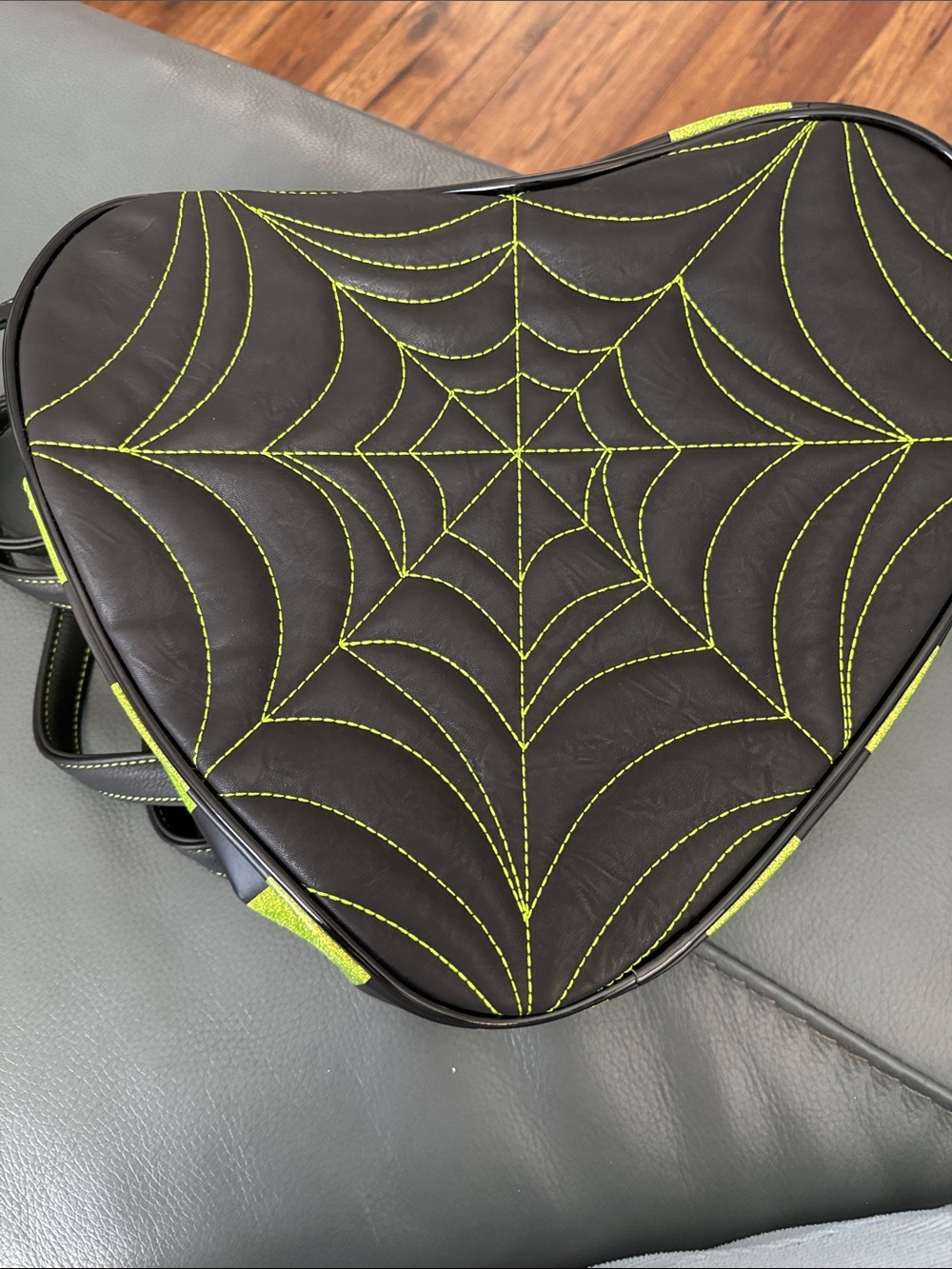 Black Spiderweb Stitch Heart Crossbody Bag with Lime Stitching